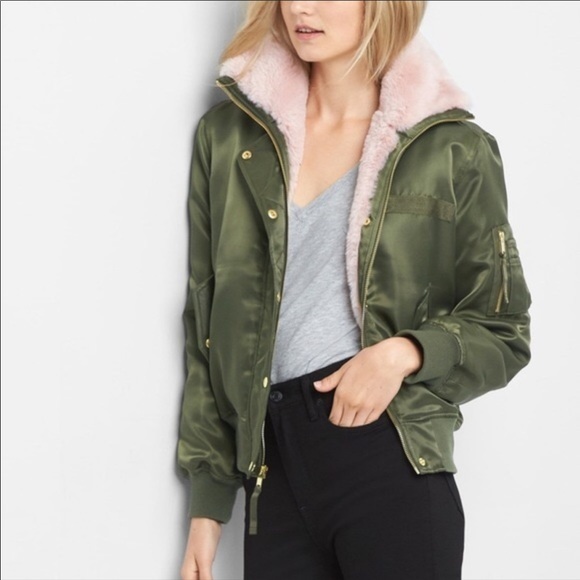 GAP Jackets & Blazers - Gap satin pink faux fur bomber green army jacket